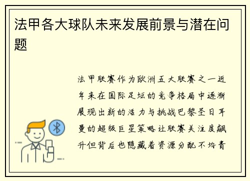 法甲各大球队未来发展前景与潜在问题
