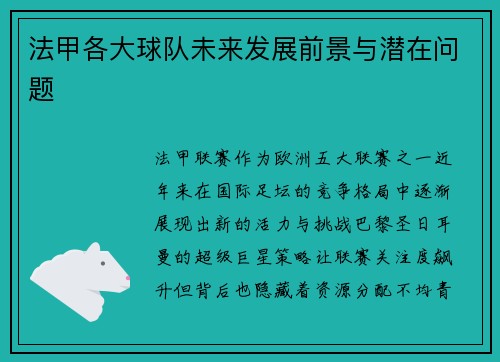法甲各大球队未来发展前景与潜在问题