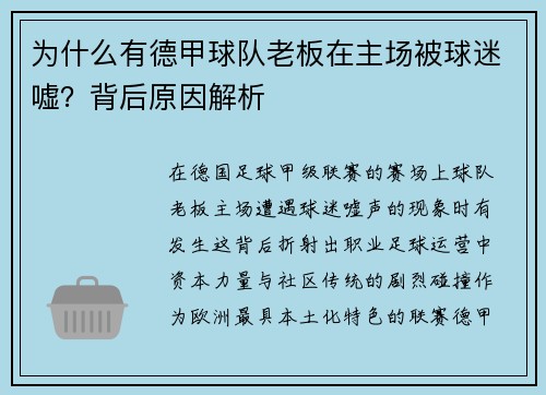 为什么有德甲球队老板在主场被球迷嘘？背后原因解析