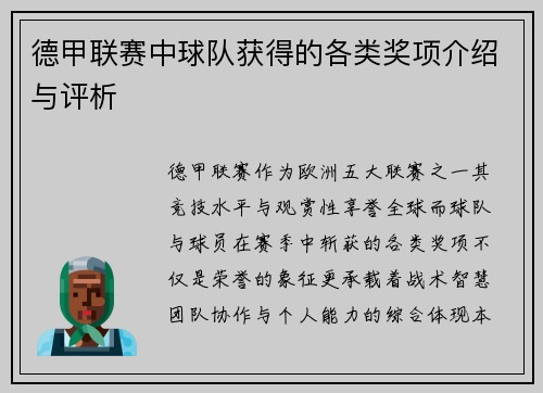 德甲联赛中球队获得的各类奖项介绍与评析